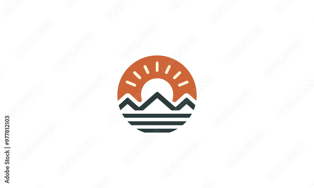 sunset logo. sunset vector illustration, beach and sun logo, mountain logo, outdoor logo, mountain and sun, sea wave & sun