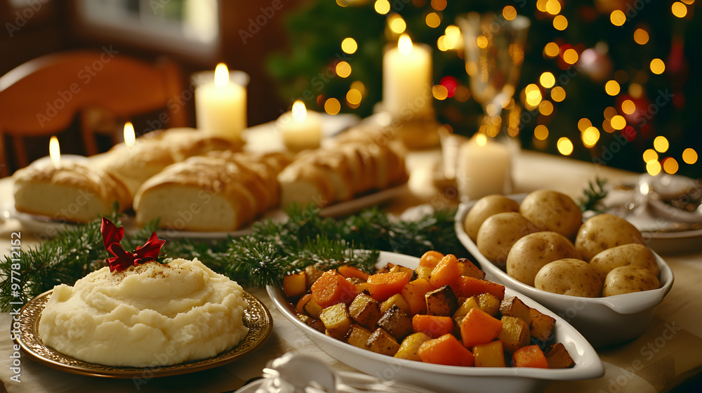 A Christmas dinner table featuring roasted root vegetables mashed potatoes gravy boats and freshly baked bread rolls ready to be served. A Christmas dinner table featuring roasted root vegetables mashed potatoes gravy boats and freshly baked bread rolls ready to be served.