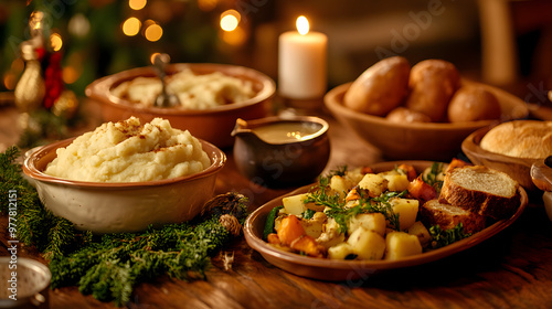 A Christmas dinner table featuring roasted root vegetables mashed potatoes gravy boats and freshly baked bread rolls ready to be served. photo