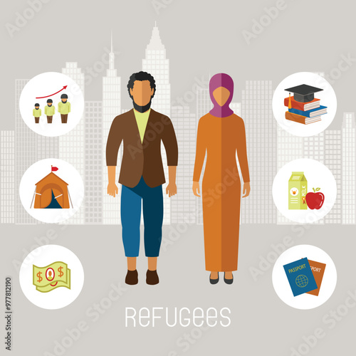 Civil war refugees vector infographic elements. Emigrants from conflict zones.
