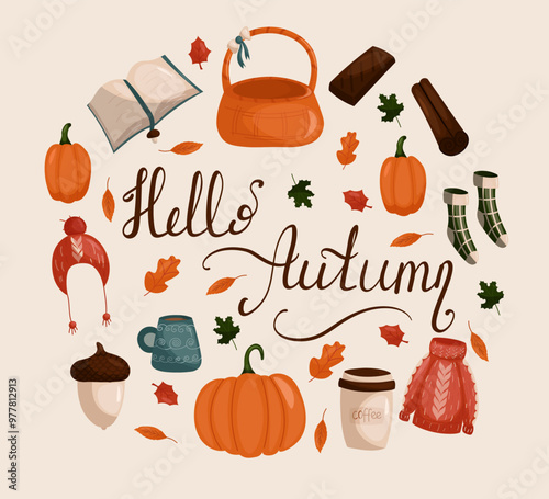 Autumn vector elements set. Leaves, pumpkins, fall clothes, umbrella, hedgehog, tea elements. The inscription hello autumn. Illustration in the hand drawn style.