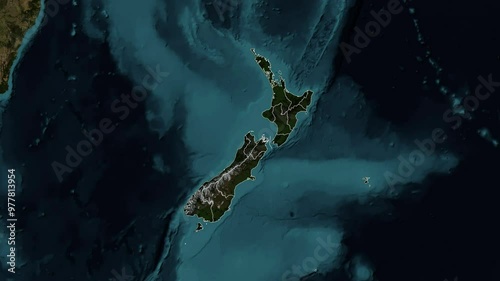 Zoom from Earth to New Zealand. (with Provinces) World map animation with highlighted borders of countries. Images from NASA
