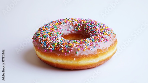 A delectable doughnut, adorned with a sugary glaze and an array of vibrant sprinkles, stands out against a pristine white backdrop. 