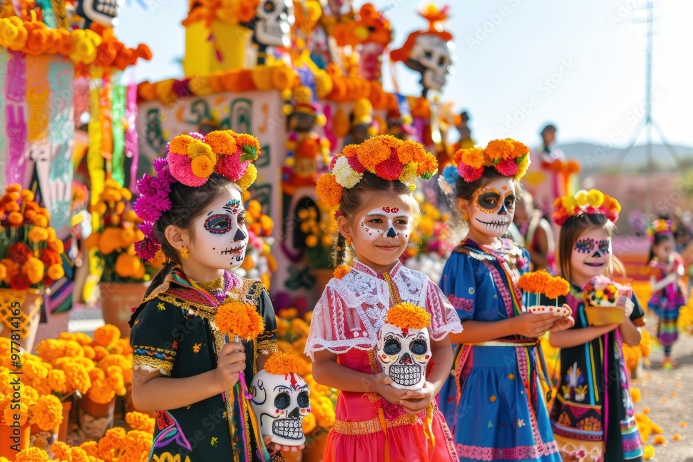 Fototapeta premium Colorful Day of the Dead Celebration with Children in Traditional Costumes and Sugar Skulls