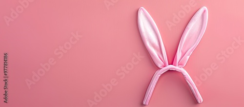 Easter bunny concept Toy rabbit ears on a pink background top view copy space