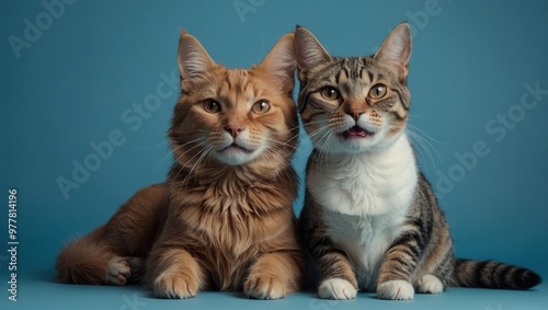 Two cats are sitting next to each other on a blue background