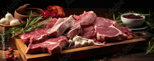 Lamb meat chops on wooden tray with green herbs and spices.