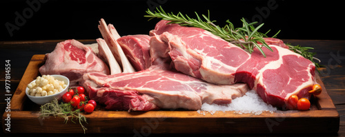 Lamb meat chops on wooden tray with green herbs and spices.