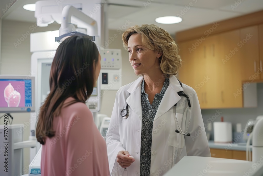 Doctor Discussing Breast Cancer Prevention with Patient in Modern Clinic for Health Awareness