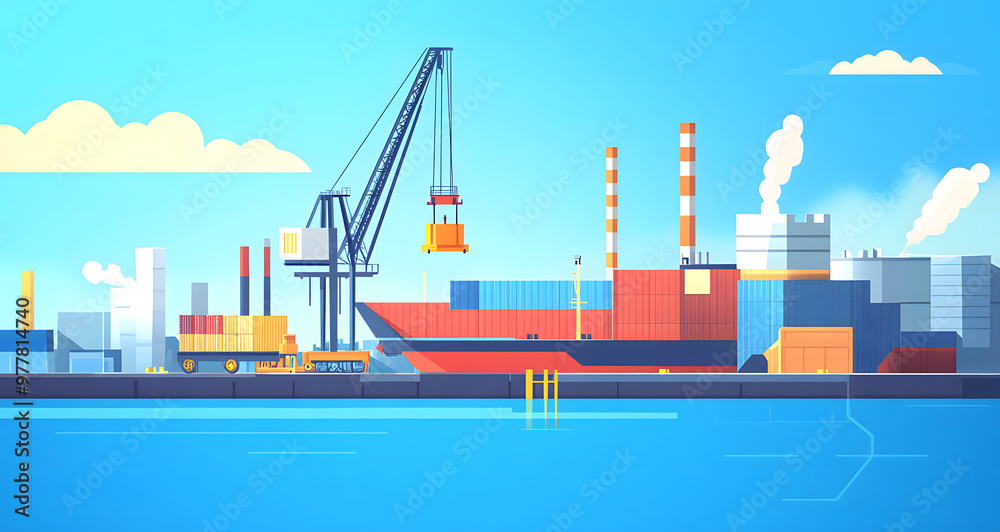 Shipping Port with Cargo Containers and Cranes, Industrial Harbor Illustration Shipping Port with Cargo Containers and Cranes, Industrial Harbor Illustration