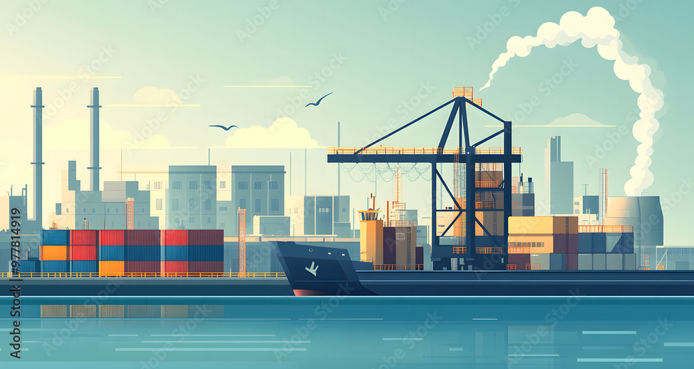 Obraz premium Shipping Port with Cargo Containers and Cranes, Industrial Harbor Illustration