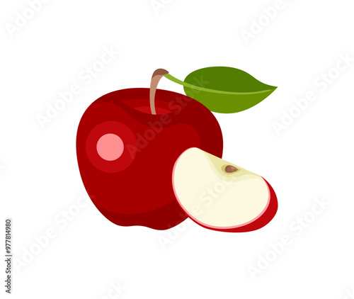 Red apple with green leaf and slice isolated on white background. Vector cartoon flat illustration. Fresh fruits icon. 