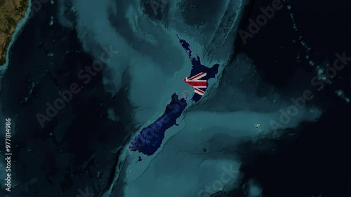 Zoom from Earth to New Zealand. (Country Flag) High quality world map animation with country borders highlighted. Images from NASA
