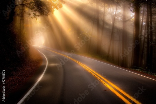 A Photography of A scenic drive through winding country roads, surrounded by trees with leaves in various autumn hues, offering a picturesque view of fall landscap