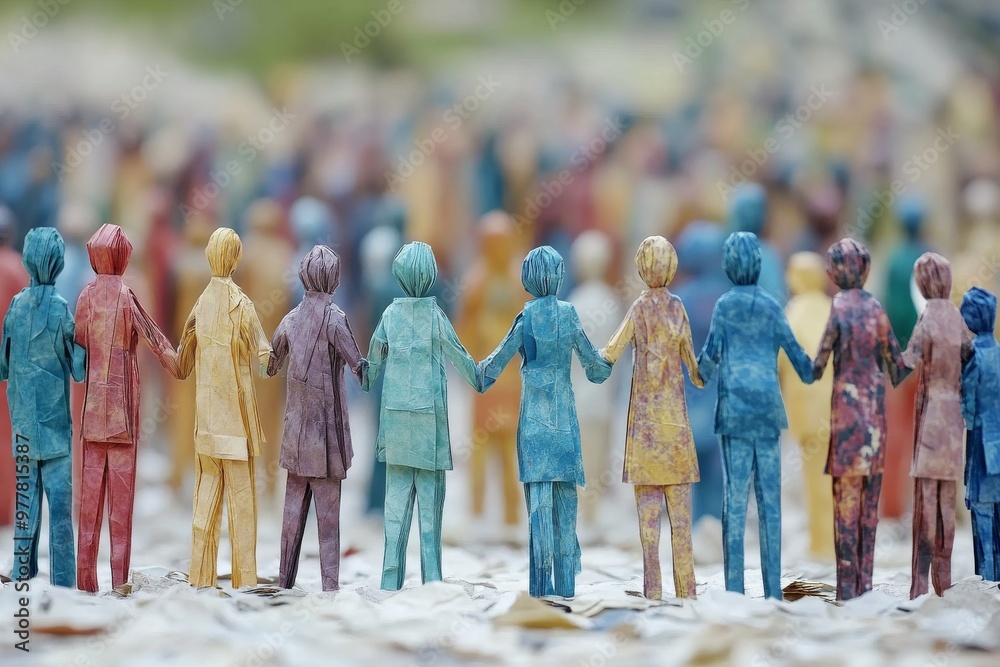 Obraz premium Group of diverse figures holding hands in front of a heart shaped formation symbolizing unity diversity and community in a symbolic and textured artistic design