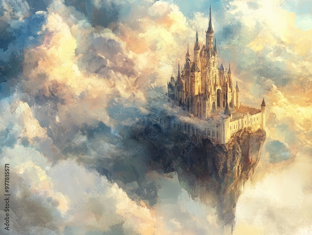 A large stone castle floating in the clouds. A large stone castle floating in the clouds.