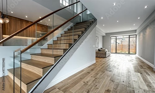 Modern Interior Design with Wooden Stairs and Glass Railing