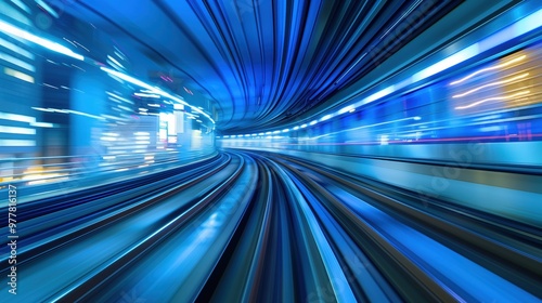 High-speed motion blur of a train in a tunnel, with a futuristic cityscape background. A concept with light trails, blue and orange colors.