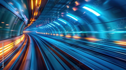 High-speed motion blur of a train in a tunnel, with a futuristic cityscape background. A concept with light trails, blue and orange colors.