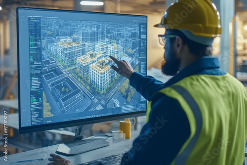 Engineer collaborates on digital twin construction project using bim and advanced modeling software photo