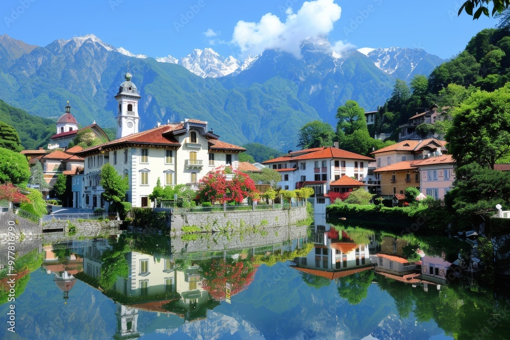 Naklejka premium An image of a serene lake reflecting the surrounding mountains and sky, creating a mirror-like surface that perfectly captures the tranquility of natur