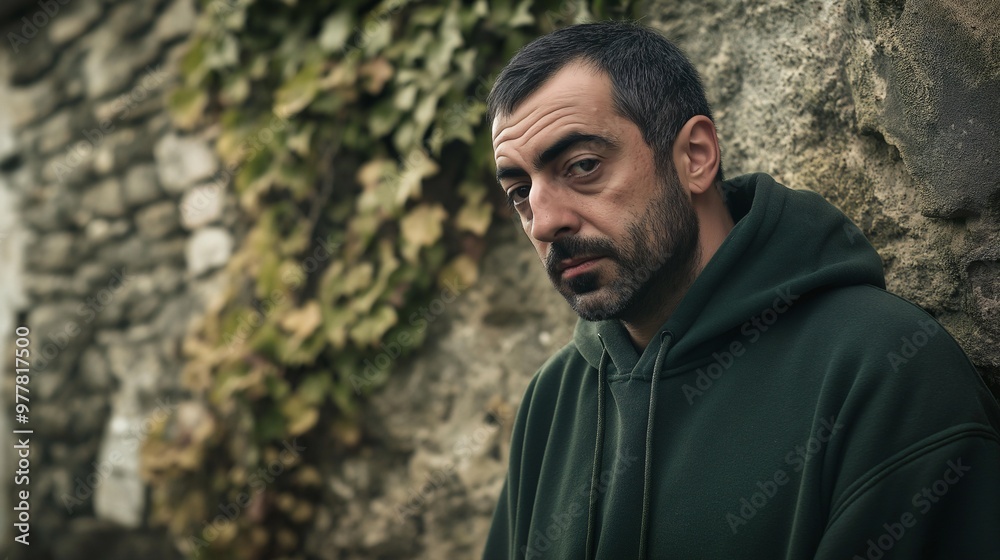 Pensive Middle Eastern Man Standing by Stone Wall Pensive Middle Eastern Man Standing by Stone Wall