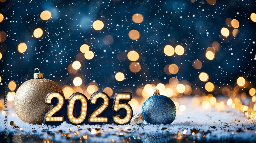Elegant 2025 New Year Display with Snow and Christmas Ornaments Elegant 2025 New Year Display with Snow and Christmas Ornaments