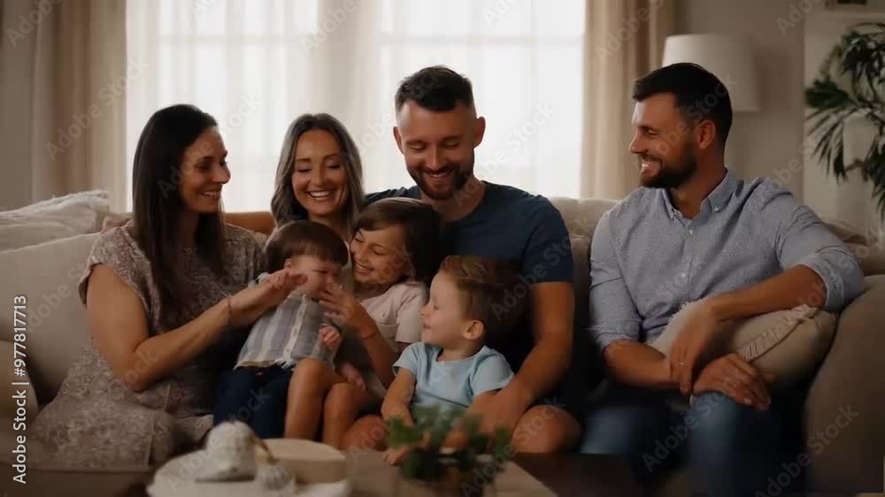 Happy family spending time together at home. Happy young family sitting on the sofa Mother, father, son, daughter. Beautiful family laughing Happy family spending time together at home. Happy young family sitting on the sofa Mother, father, son, daughter. Beautiful family laughing