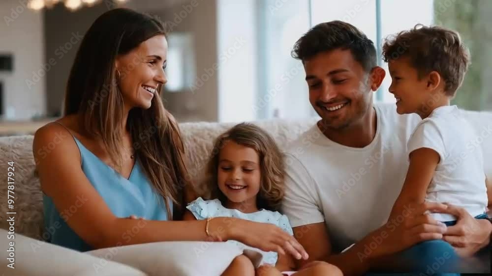 Happy family spending time together at home. Happy young family sitting on the sofa Mother, father, son, daughter. Beautiful family laughing Happy family spending time together at home. Happy young family sitting on the sofa Mother, father, son, daughter. Beautiful family laughing