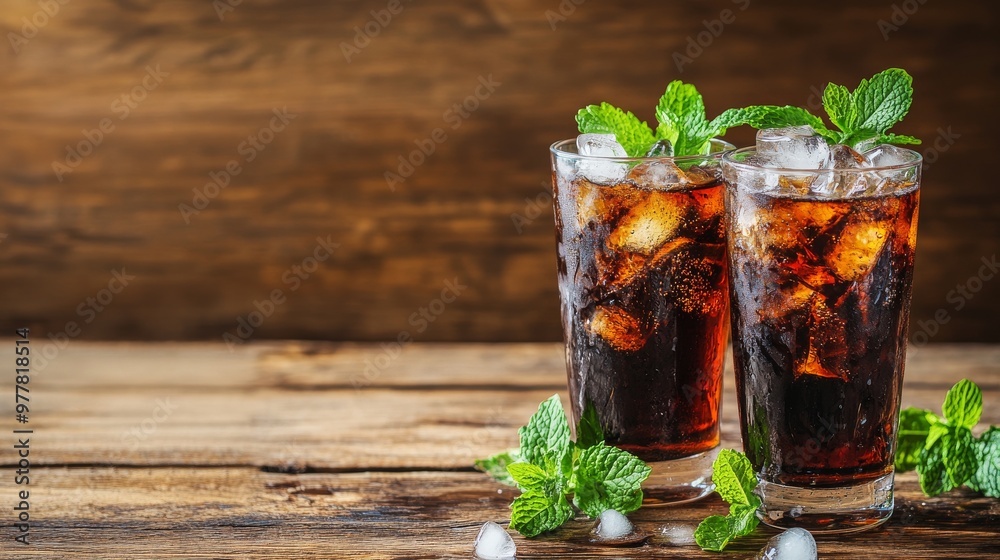 Refreshing summer drink. Two glasses of cola with ice and fresh mint on a beautiful wooden table. Refreshing summer drink. Two glasses of cola with ice and fresh mint on a beautiful wooden table.