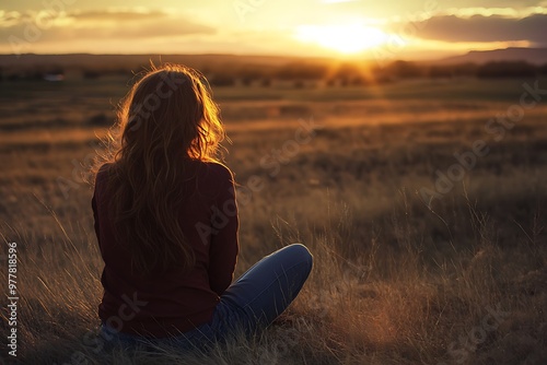 Woman Silhouetted at Sunset in Field, Contemplation, Tranquility