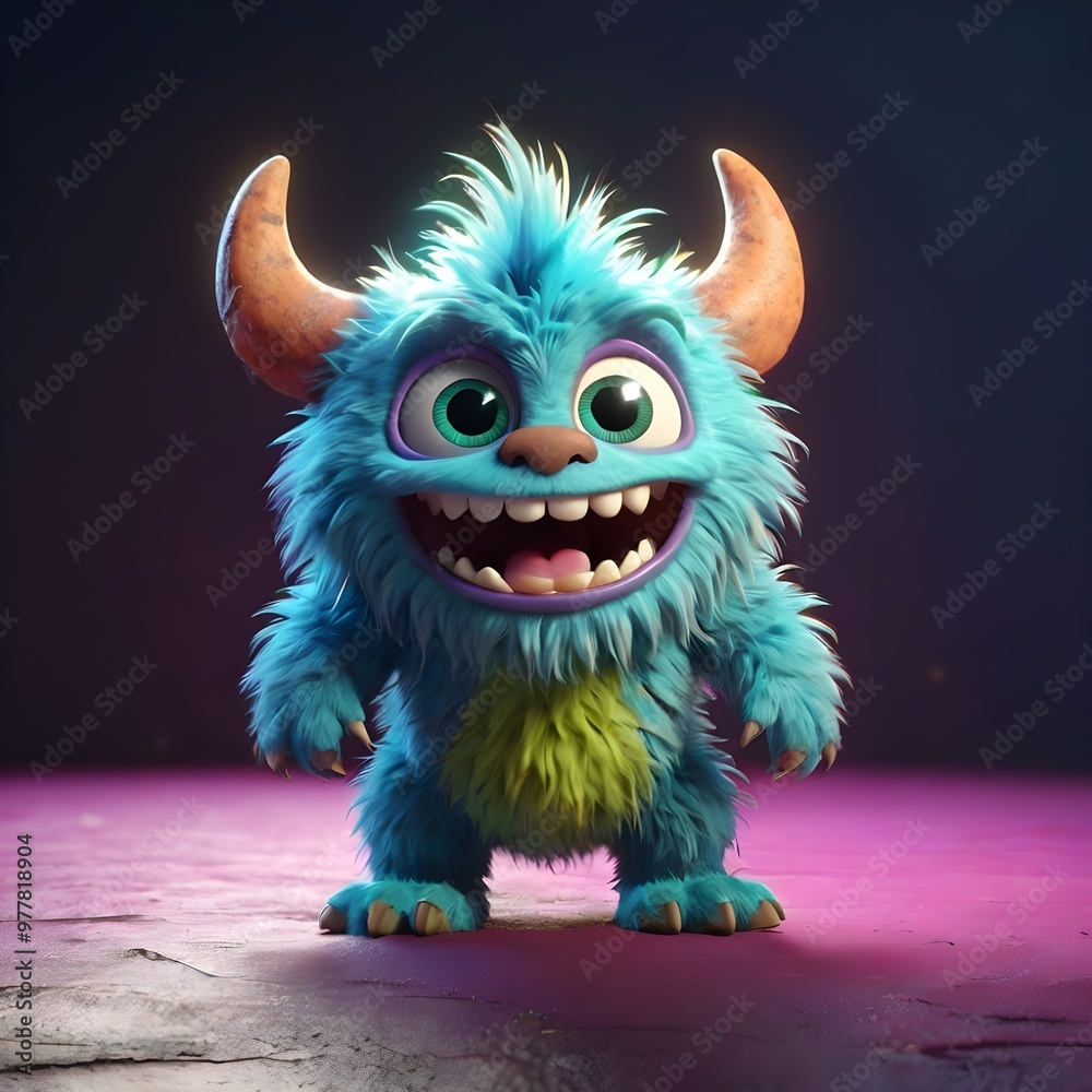 Cute cartoon 3D illustration of a cute happy monster in front of you on the screen Cute cartoon 3D illustration of a cute happy monster in front of you on the screen