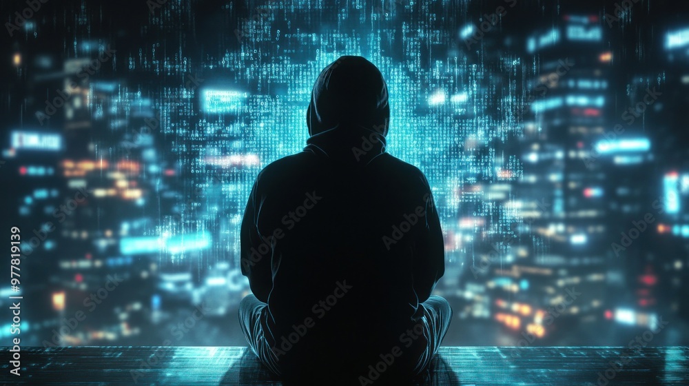 A Hooded Figure Sitting Before a Wall of Blue Code A Hooded Figure Sitting Before a Wall of Blue Code