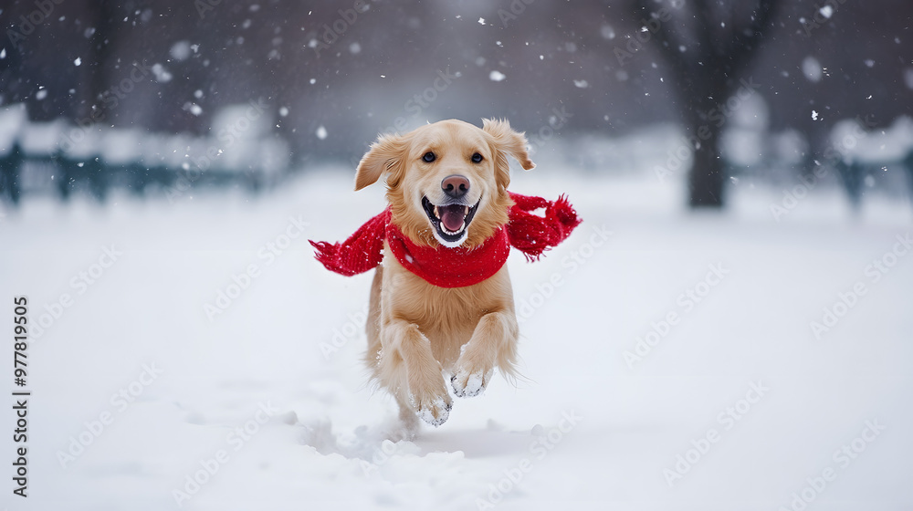 A dog wearing a red scarf happily running through a snow-covered park leaving paw prints behind in the soft snow. A dog wearing a red scarf happily running through a snow-covered park leaving paw prints behind in the soft snow.