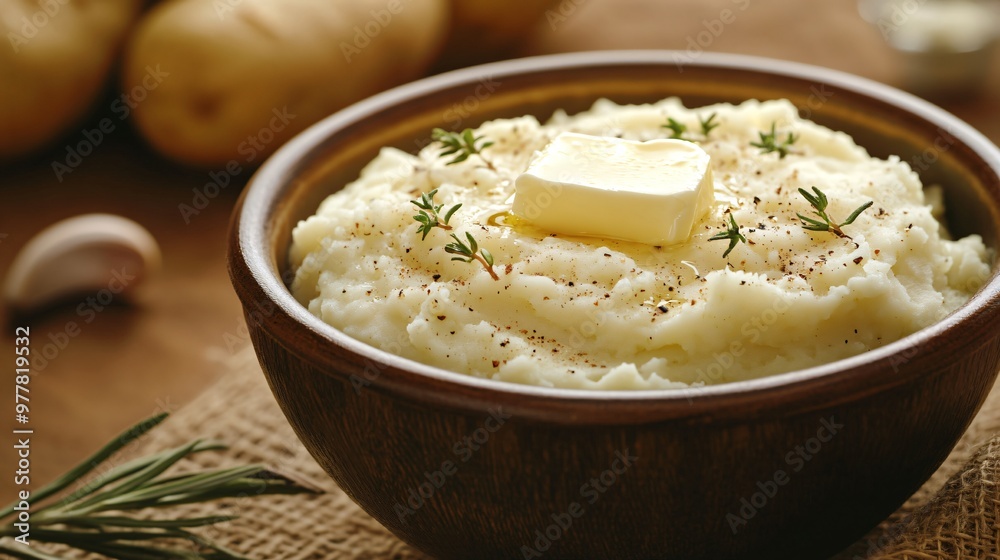 A bowl of creamy milk-based mashed potatoes with a pat of butter, isolated on a warm brown background for a homey feel A bowl of creamy milk-based mashed potatoes with a pat of butter, isolated on a warm brown background for a homey feel