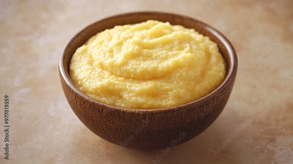 A bowl of creamy polenta made with milk, isolated on a neutral light brown background for a rustic yet refined look