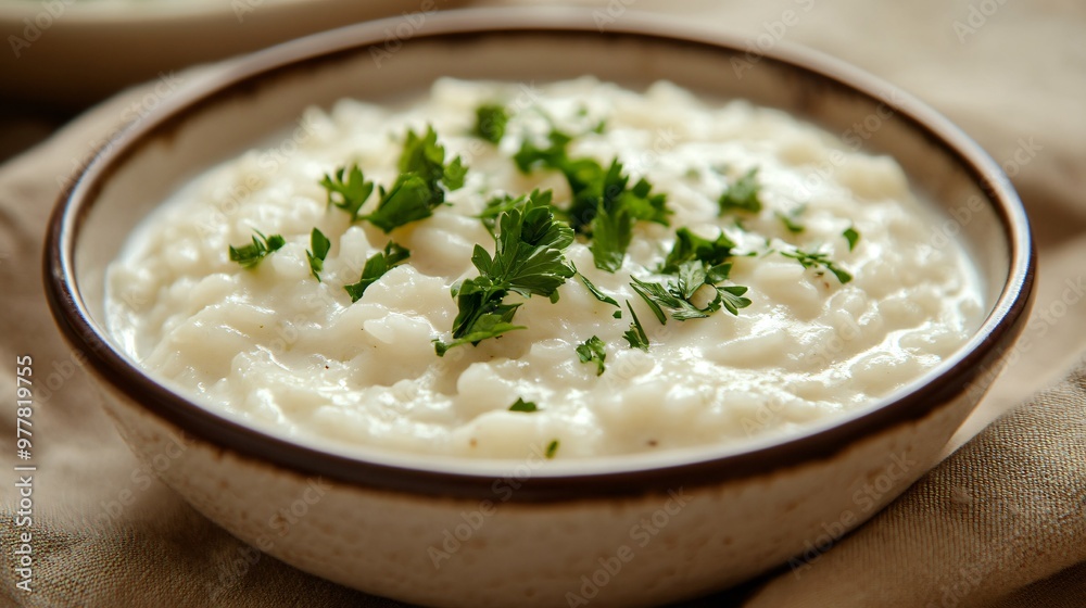 A bowl of creamy risotto made with milk, garnished with fresh parsley, isolated on a smooth beige background for an elegant touch A bowl of creamy risotto made with milk, garnished with fresh parsley, isolated on a smooth beige background for an elegant touch