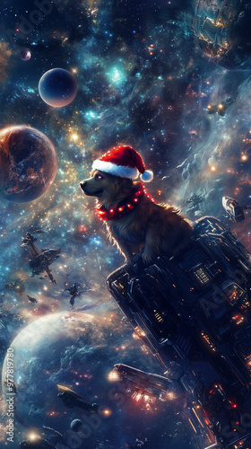 Dog wearing a Santa hat sitting on a spaceship in the galaxy surrounded by stars and planets