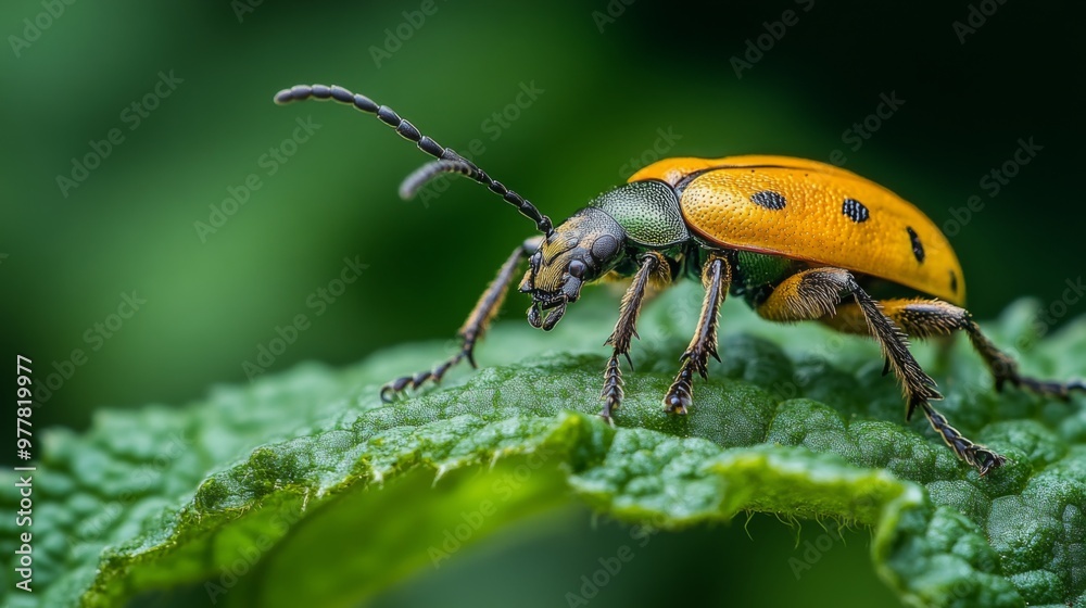 A close-up shot of a yellow and black beetle with long antennae perched on a green leaf. A close-up shot of a yellow and black beetle with long antennae perched on a green leaf.