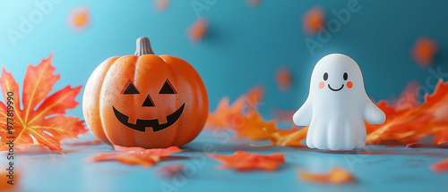 A playful Halloween-themed scene featuring a cute ghost, an orange maple leaf, and a pumpkin with a carved smiling face