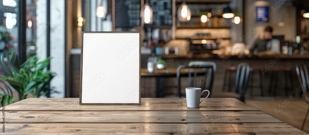 Menu frame mock up positioned on a wooden table in a coffee shop Space for text. Copy space image. Place for adding text and design Menu frame mock up positioned on a wooden table in a coffee shop Space for text. Copy space image. Place for adding text and design