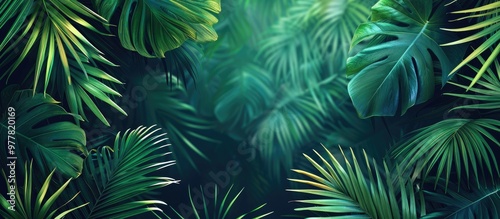 Palm leaves in the rainforest Gorgeous tropical backdrop Web banner. Copy space image. Place for adding text and design