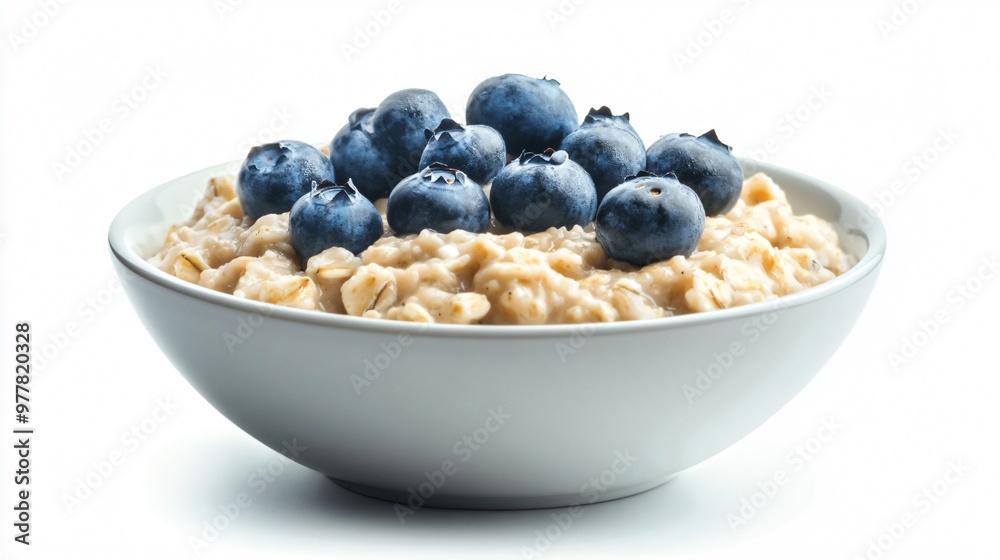 A bowl of milk-based oatmeal with fresh blueberries, isolated on a matte white background for a clean, minimalist aesthetic A bowl of milk-based oatmeal with fresh blueberries, isolated on a matte white background for a clean, minimalist aesthetic