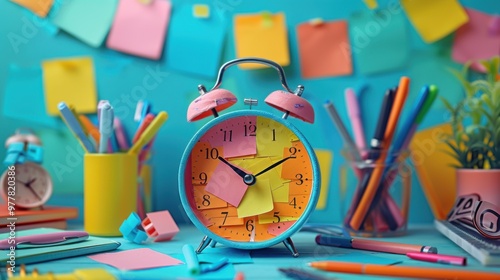 Brightly colored clock sitting on desk with office supplies and sticky notes photo