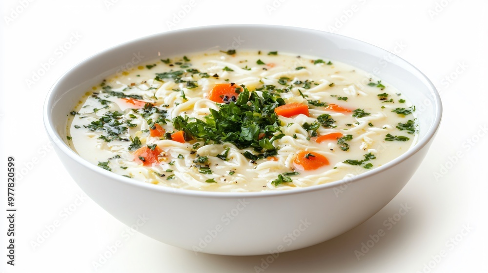 A bowl of milk-based soup with noodles and vegetables, isolated on a clean white background for a modern and minimalist feel