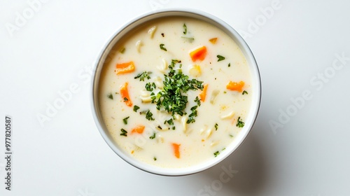 A bowl of milk-based soup with noodles and vegetables, isolated on a clean white background for a modern and minimalist feel photo