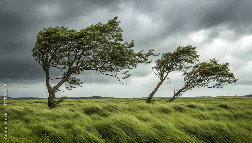 Obraz premium An open grassy field with wind blown trees on a cloudy day