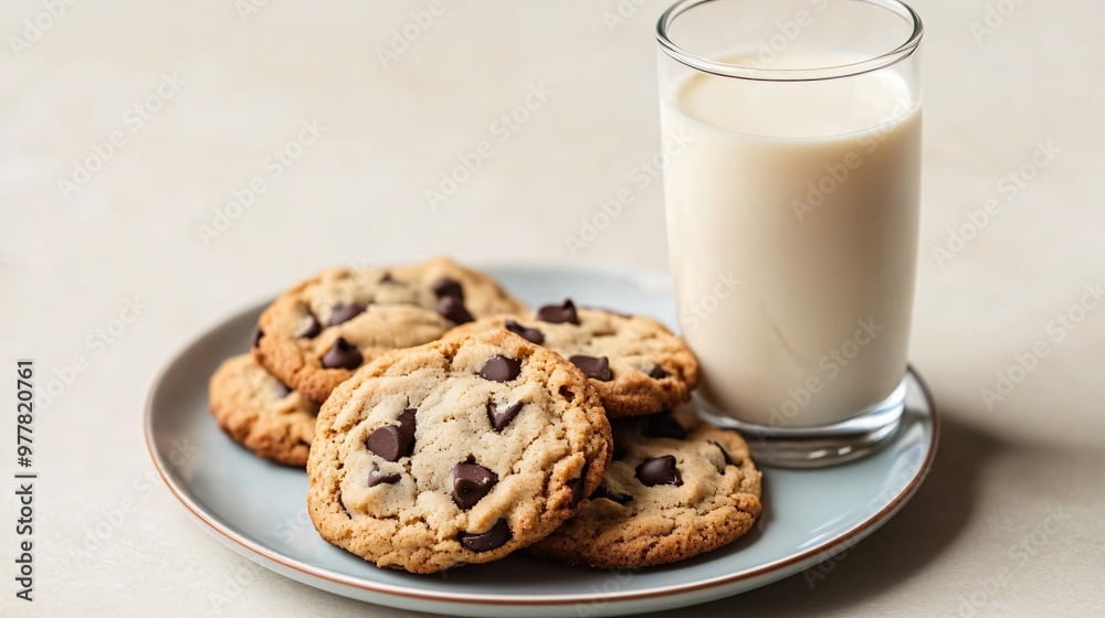 A glass of cold almond milk with a plate of vegan chocolate chip cookies, isolated on a pale cream background for a fresh look A glass of cold almond milk with a plate of vegan chocolate chip cookies, isolated on a pale cream background for a fresh look