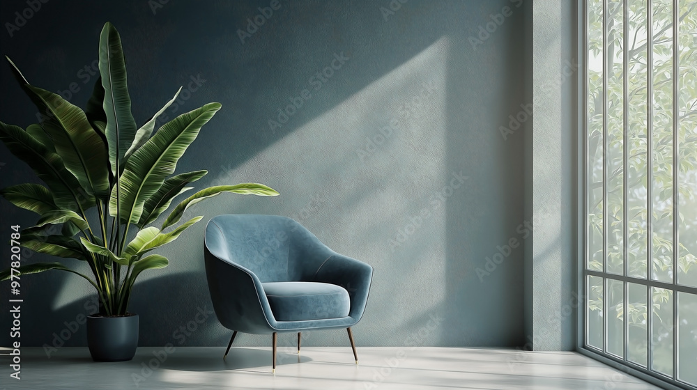 A sleek slate blue armchair positioned in a modern interior setting. The armchair stands out against a neutral background A sleek slate blue armchair positioned in a modern interior setting. The armchair stands out against a neutral background