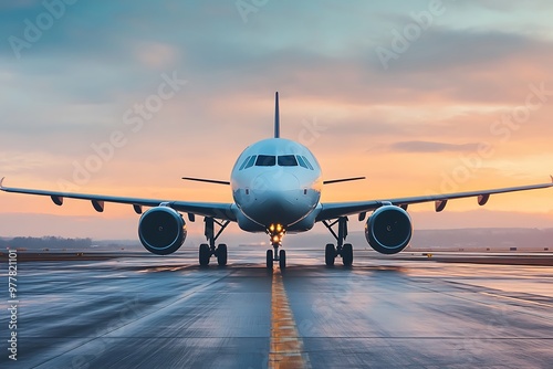 Commercial Airplane Taxiing on Runway at Sunset